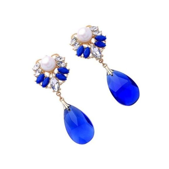 Sapphire Blue Crystal Rhinestone Pearl Vintage Gold Dangle Statement Earrings - Picture 5 of 12
